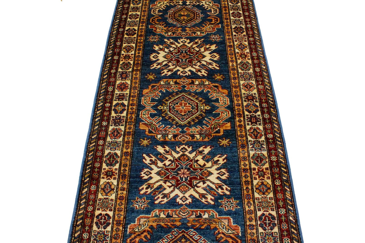 3x8 Blue and Ivory Kazak Tribal Runner
