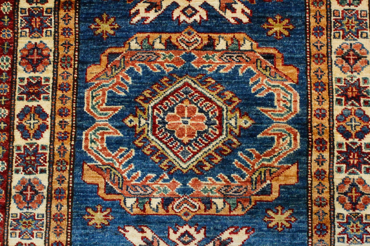 3x8 Blue and Ivory Kazak Tribal Runner