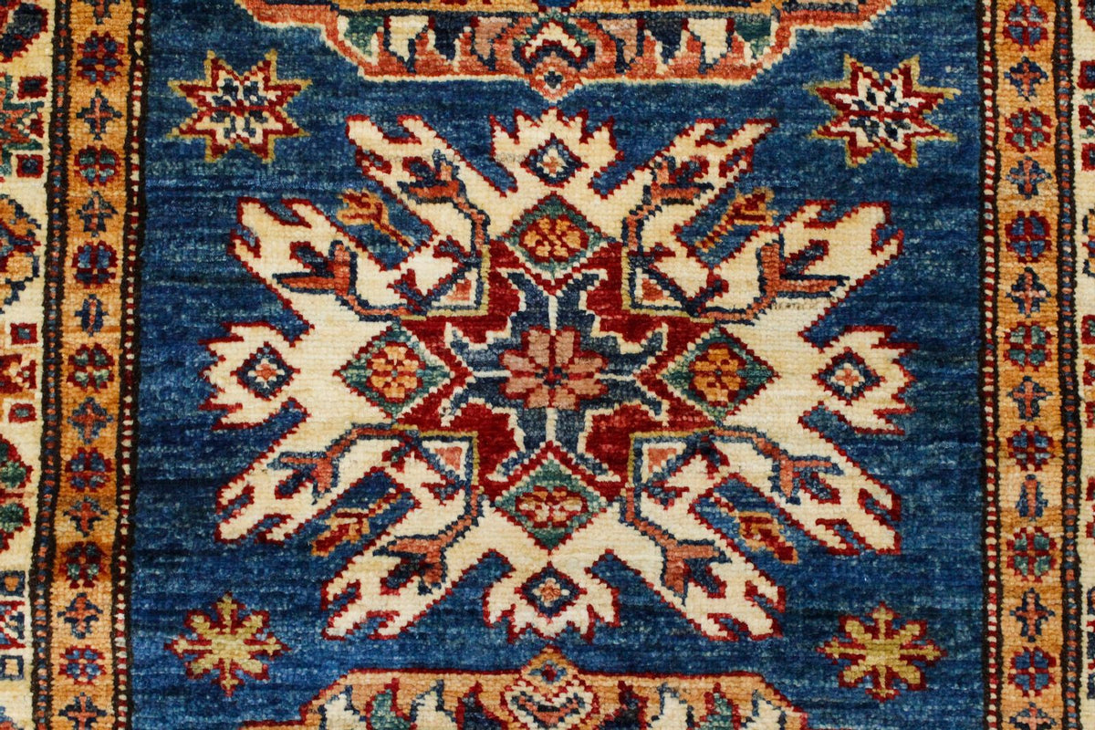 3x8 Blue and Ivory Kazak Tribal Runner