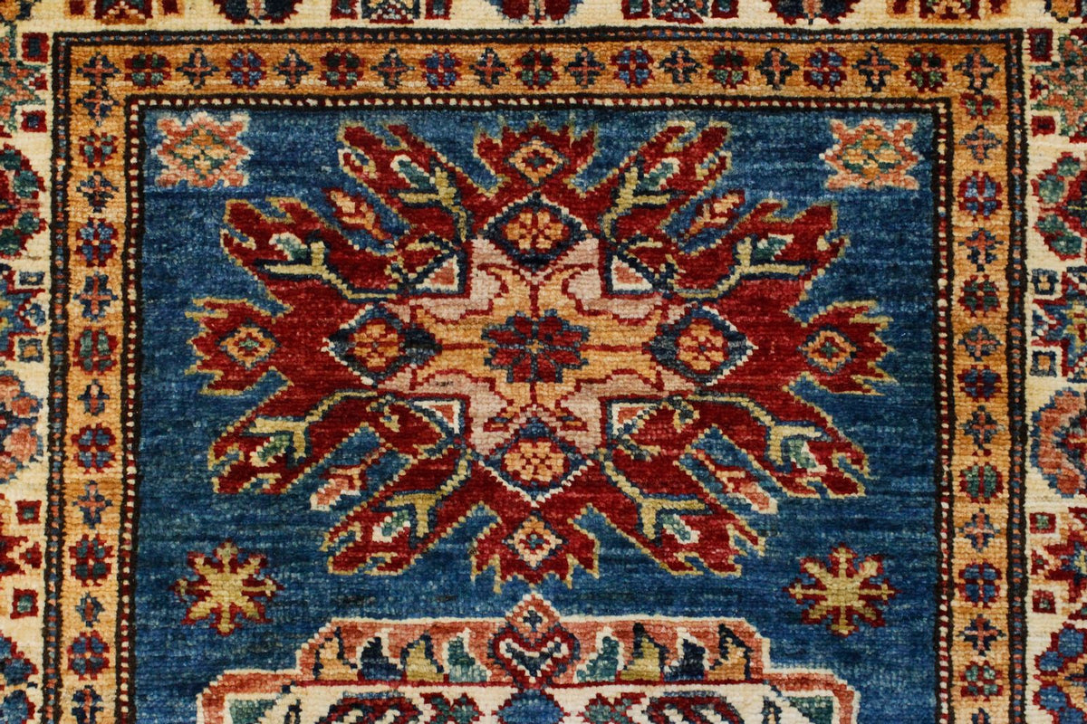 3x8 Blue and Ivory Kazak Tribal Runner