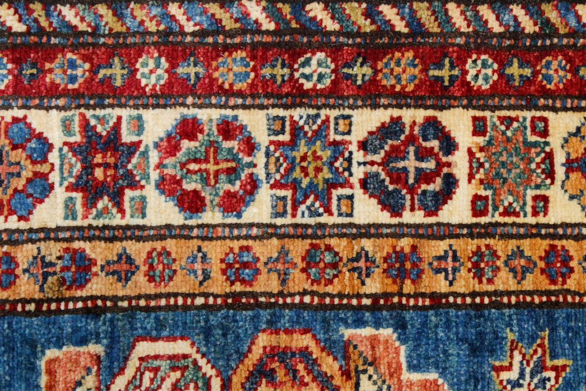 3x8 Blue and Ivory Kazak Tribal Runner