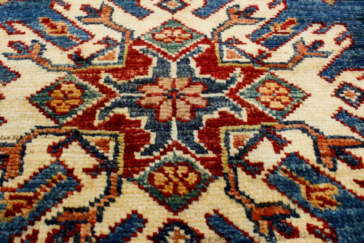 3x8 Blue and Ivory Kazak Tribal Runner