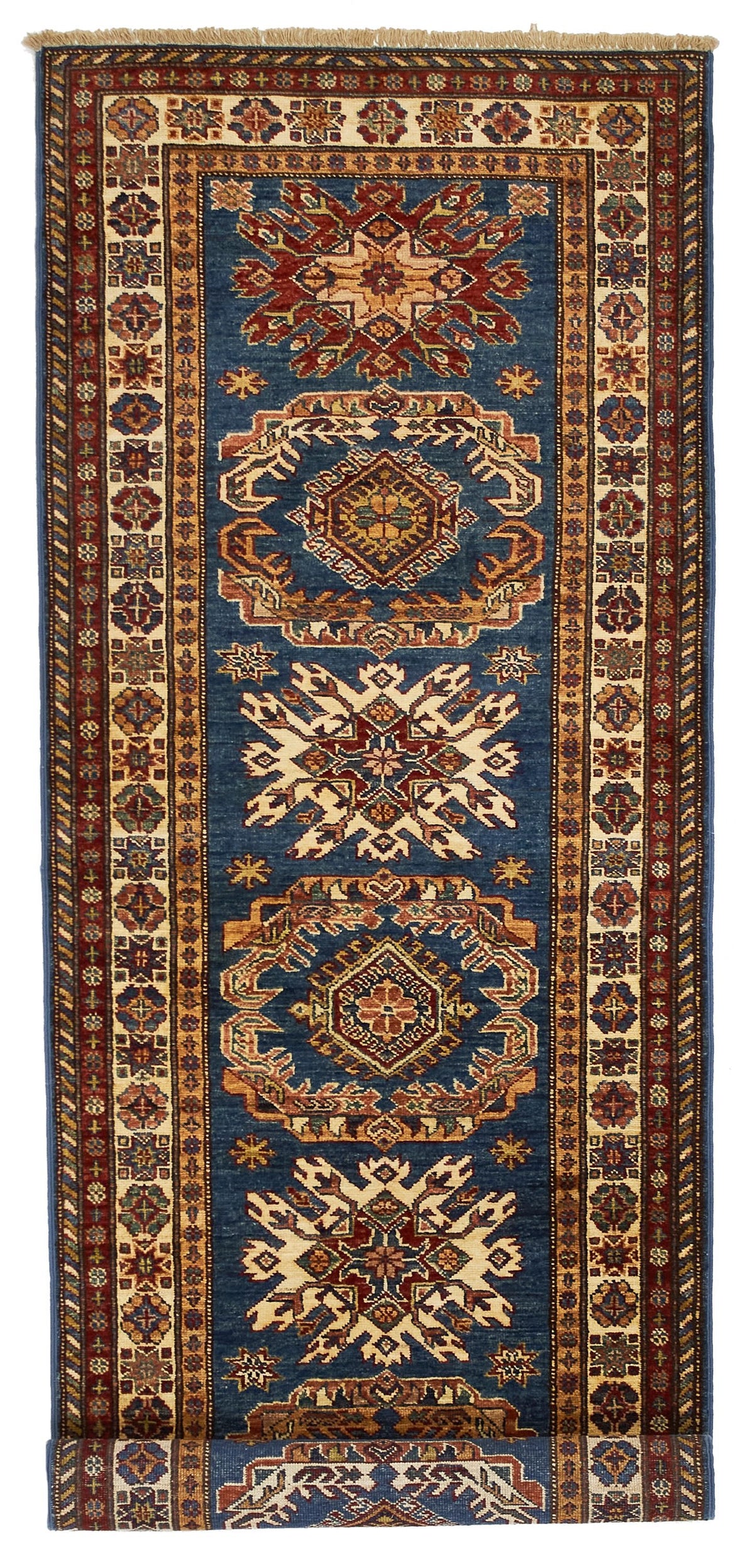 3x8 Blue and Ivory Kazak Tribal Runner