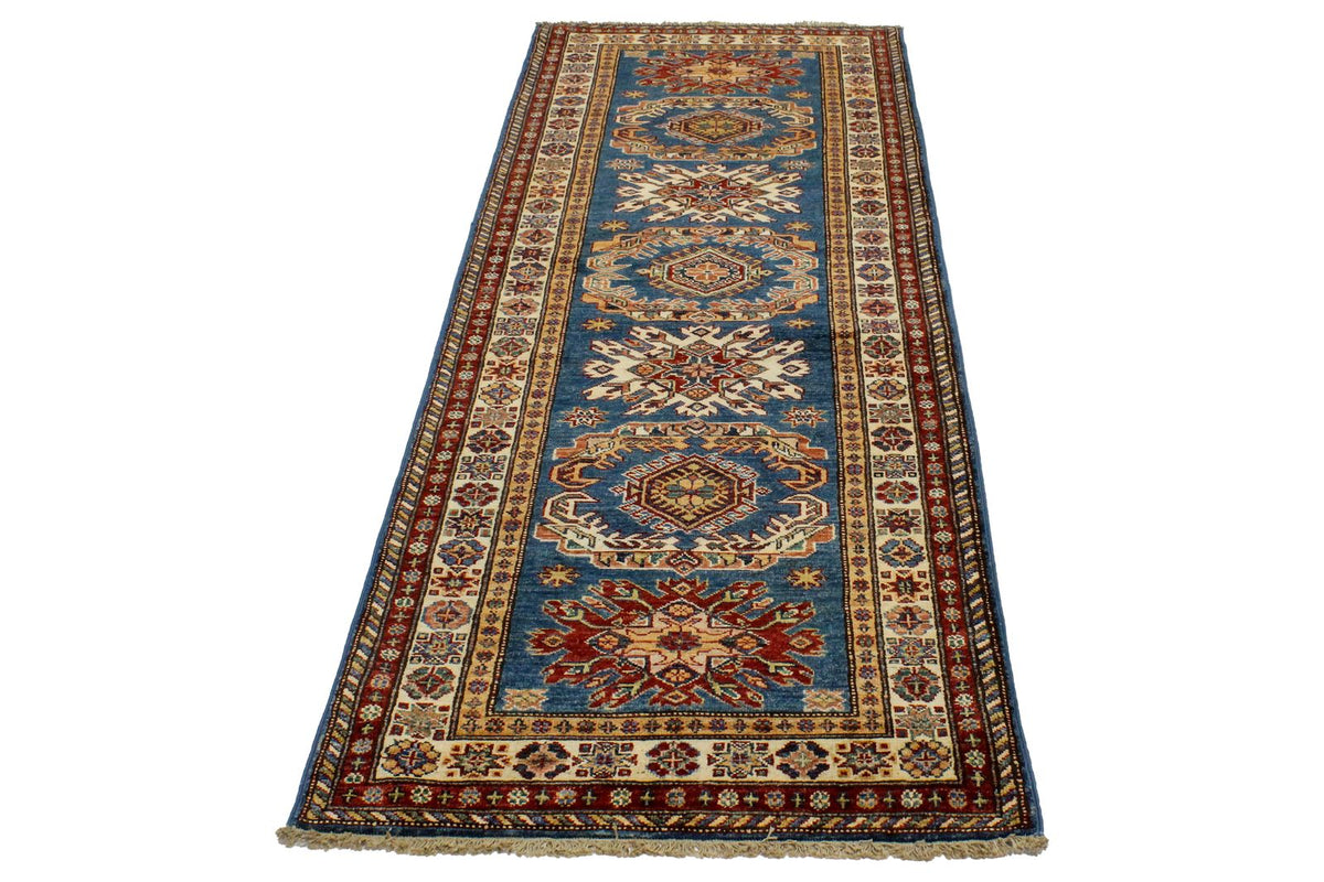 3x8 Blue and Ivory Kazak Tribal Runner
