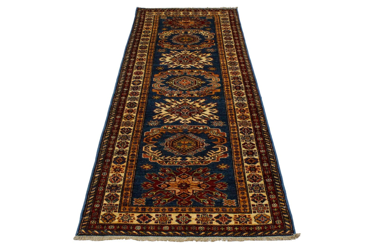 3x8 Blue and Ivory Kazak Tribal Runner