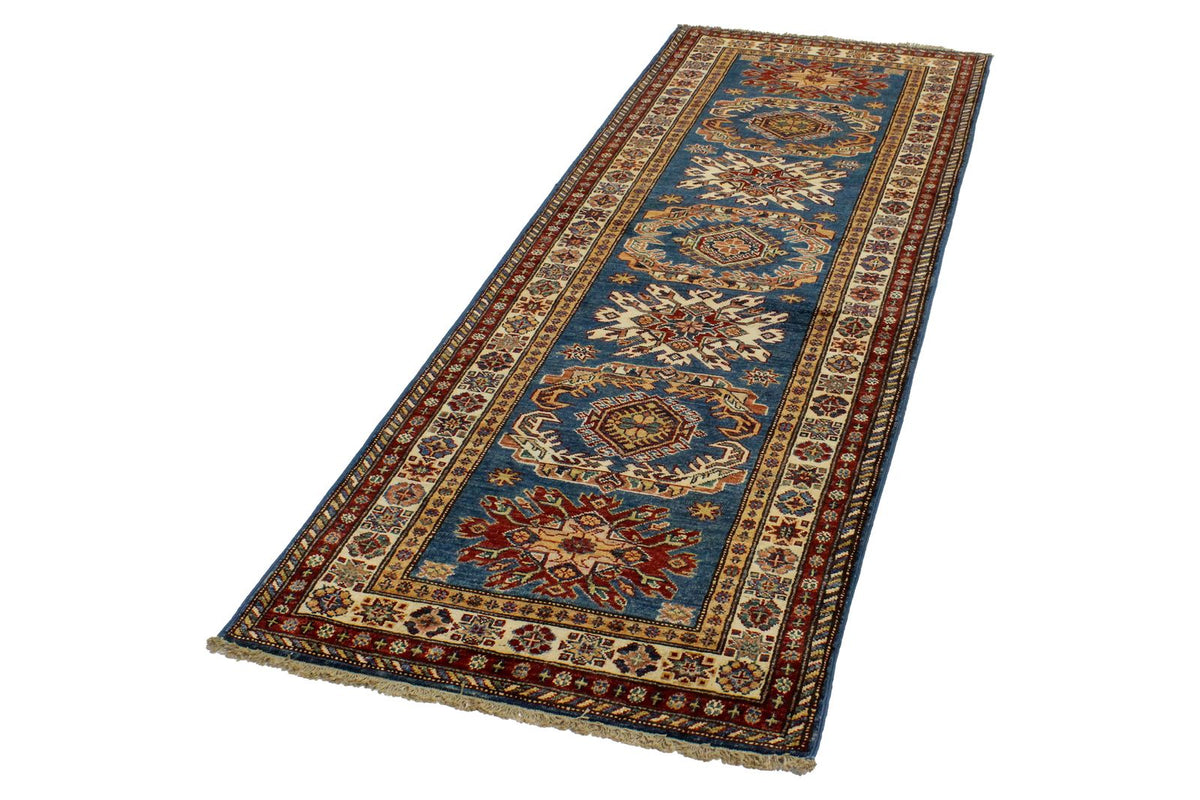 3x8 Blue and Ivory Kazak Tribal Runner