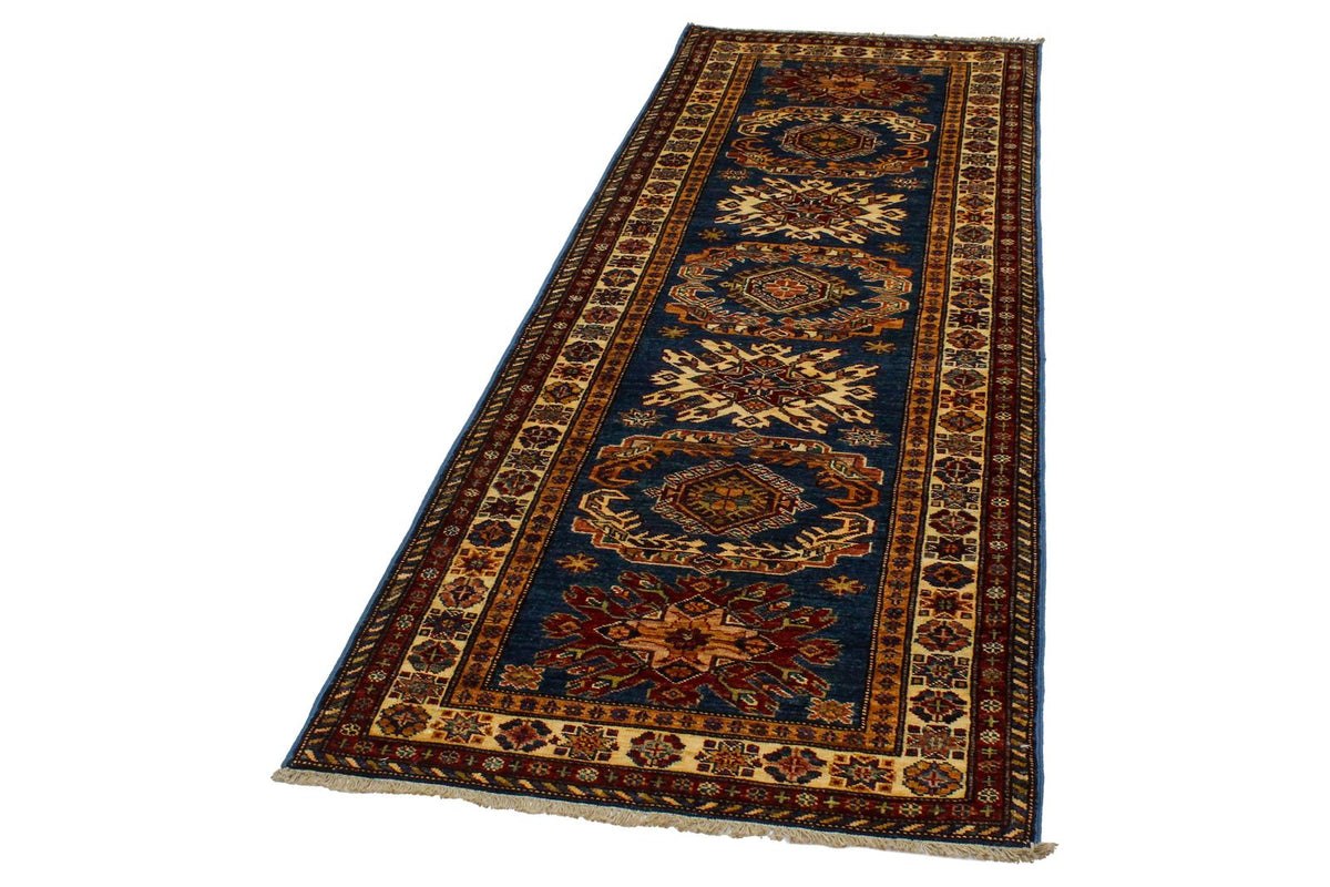 3x8 Blue and Ivory Kazak Tribal Runner