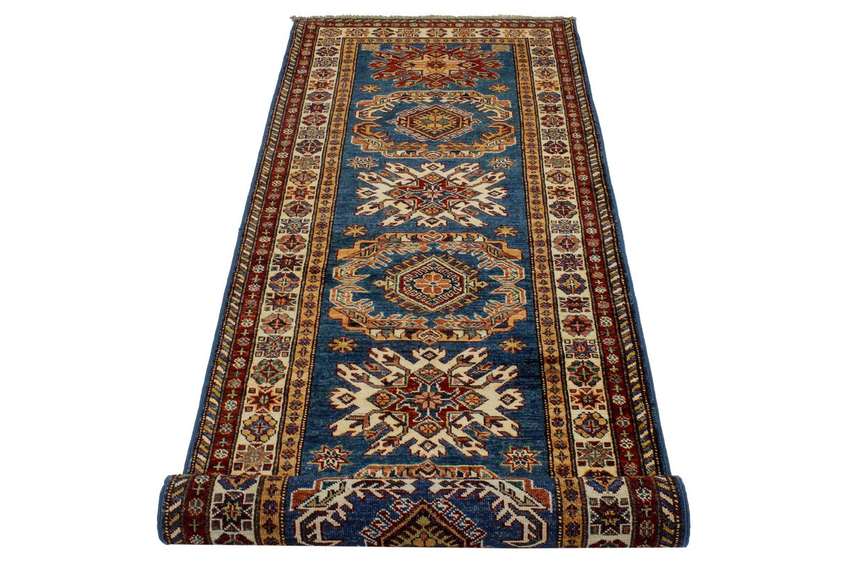 3x8 Blue and Ivory Kazak Tribal Runner