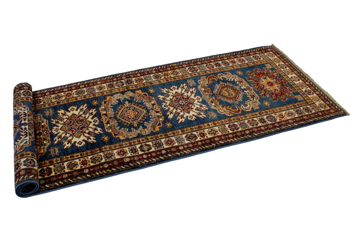 3x8 Blue and Ivory Kazak Tribal Runner
