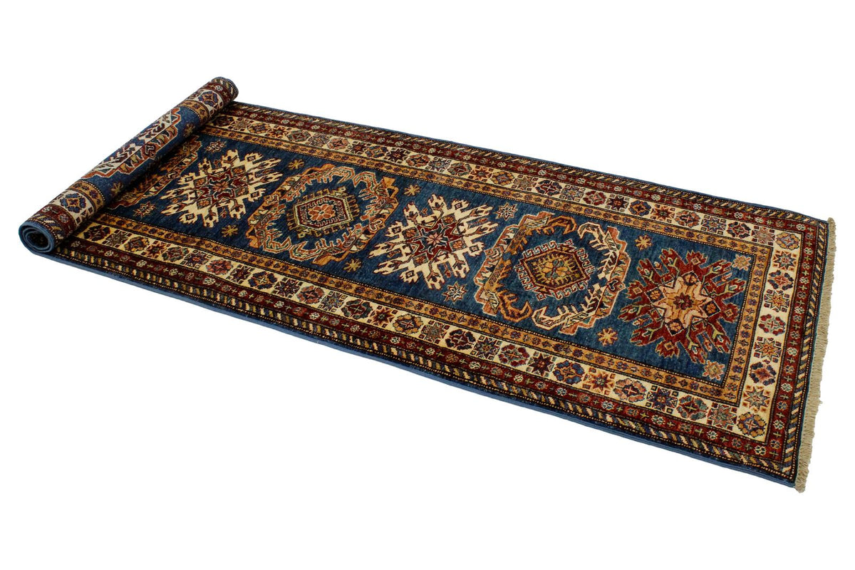 3x8 Blue and Ivory Kazak Tribal Runner