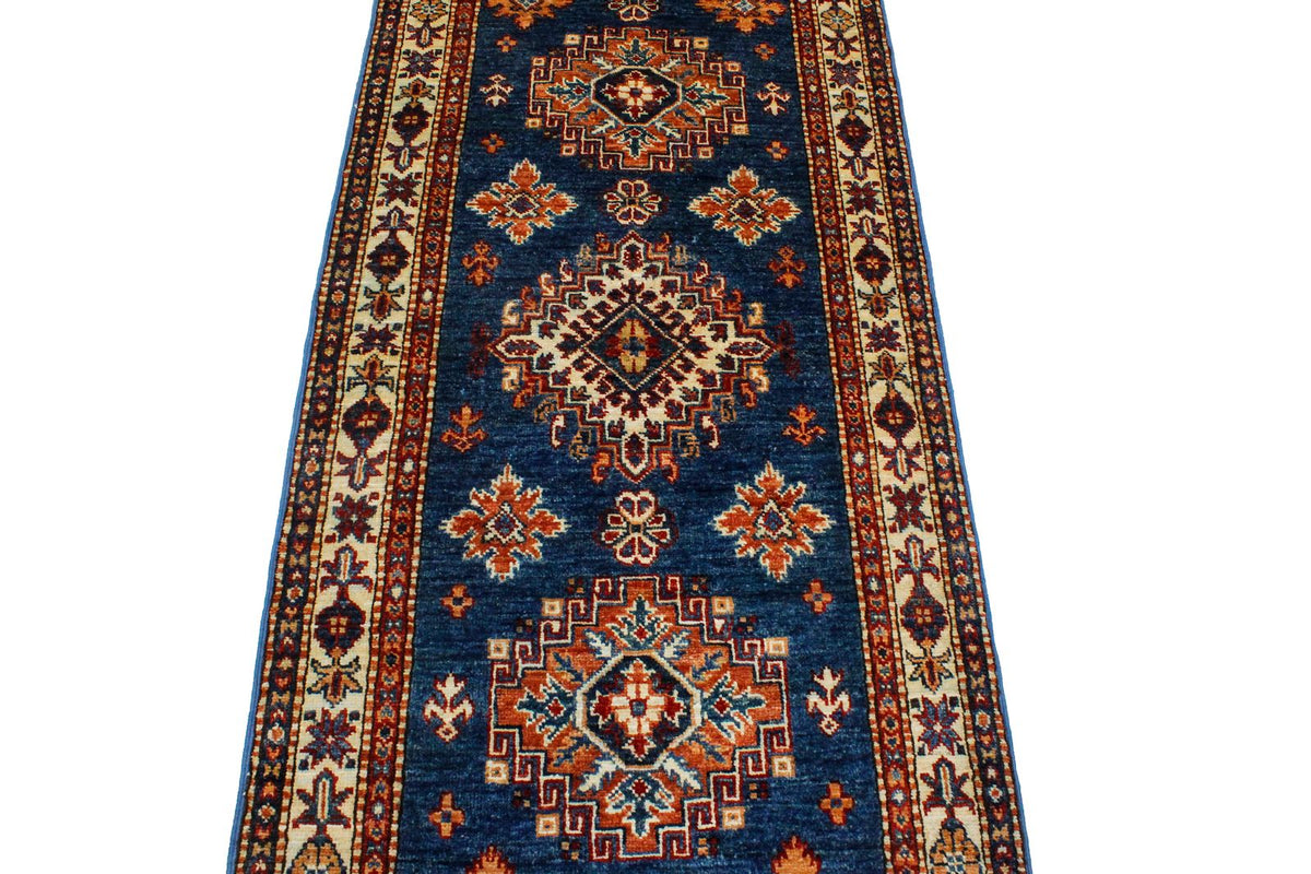 3x10 Light Blue and Ivory Kazak Tribal Runner