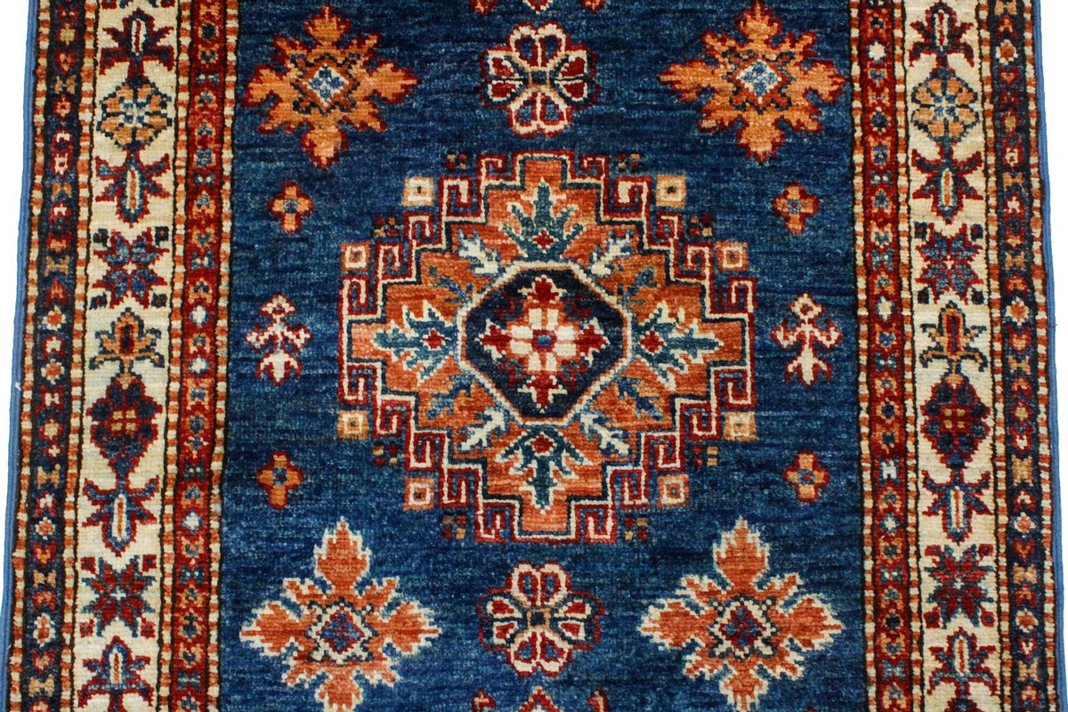 3x10 Light Blue and Ivory Kazak Tribal Runner