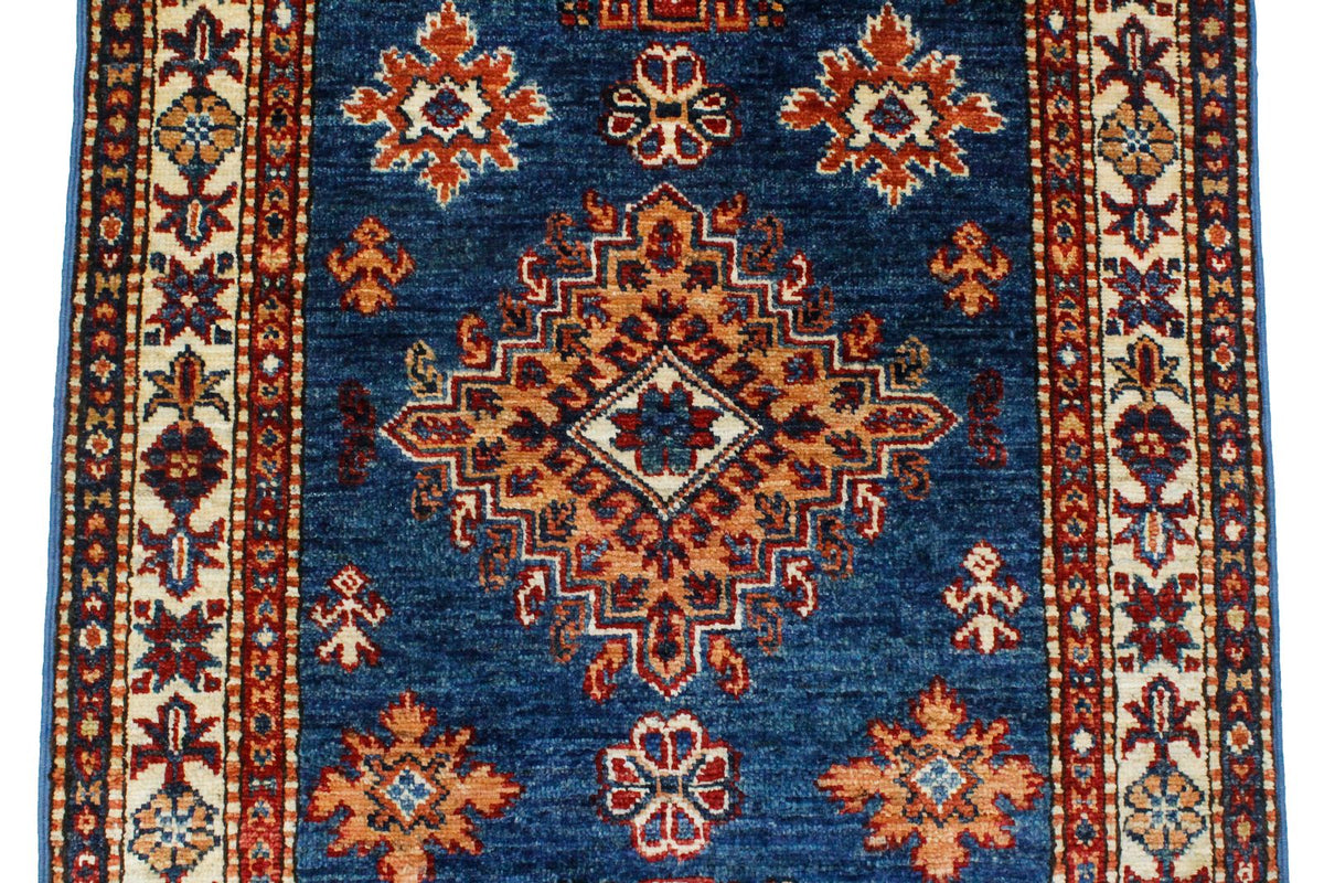 3x10 Light Blue and Ivory Kazak Tribal Runner
