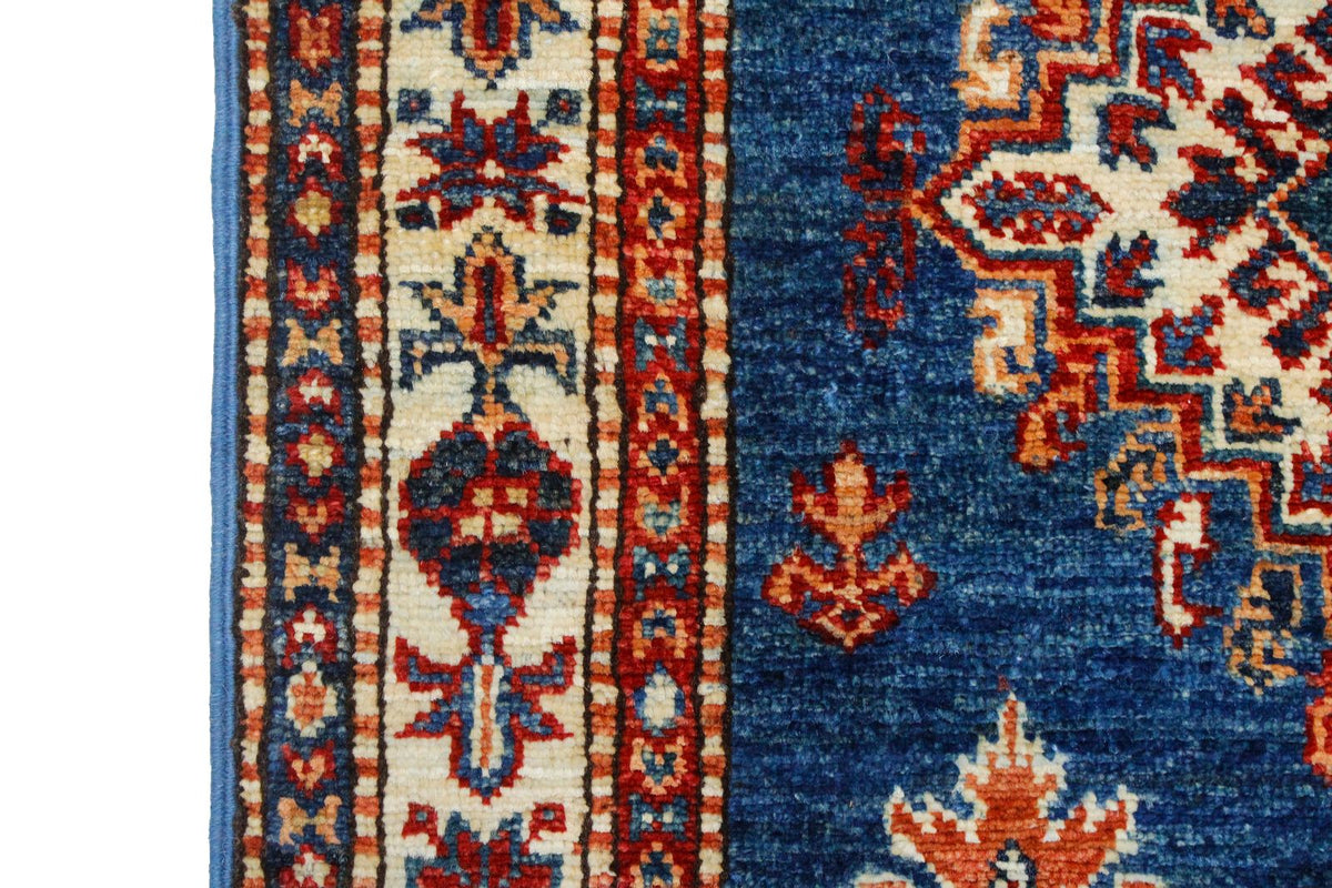3x10 Light Blue and Ivory Kazak Tribal Runner