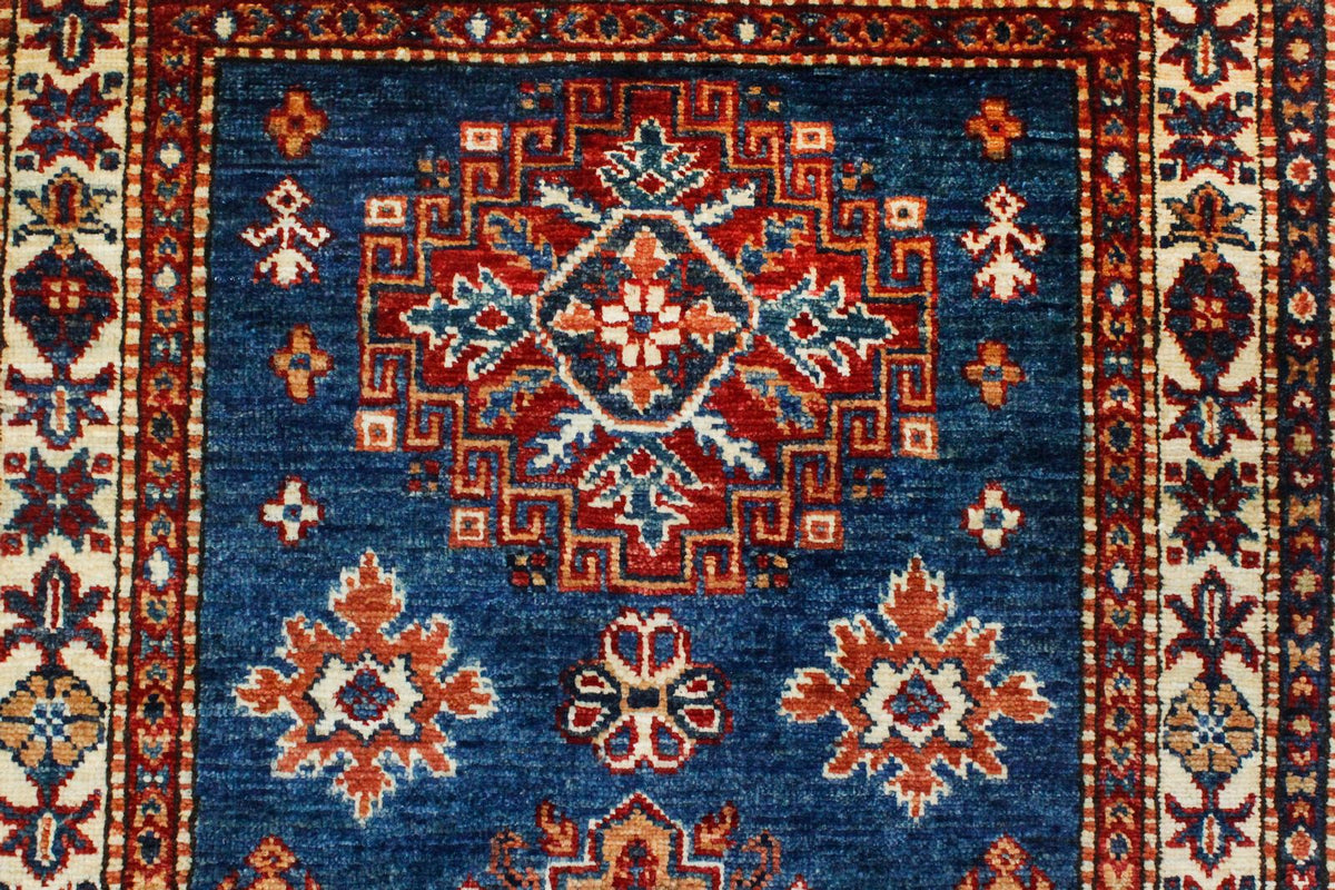 3x10 Light Blue and Ivory Kazak Tribal Runner