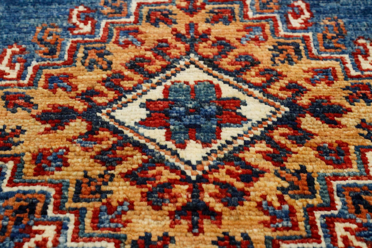 3x10 Light Blue and Ivory Kazak Tribal Runner