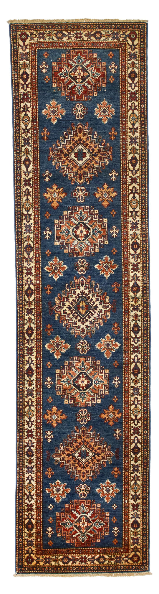 3x10 Light Blue and Ivory Kazak Tribal Runner