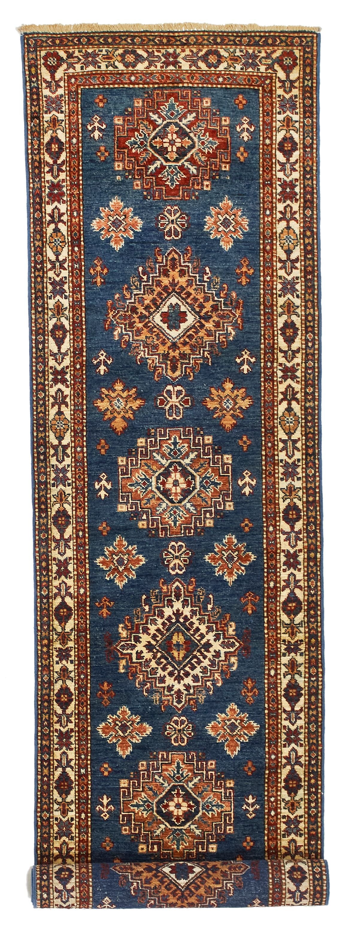 3x10 Light Blue and Ivory Kazak Tribal Runner