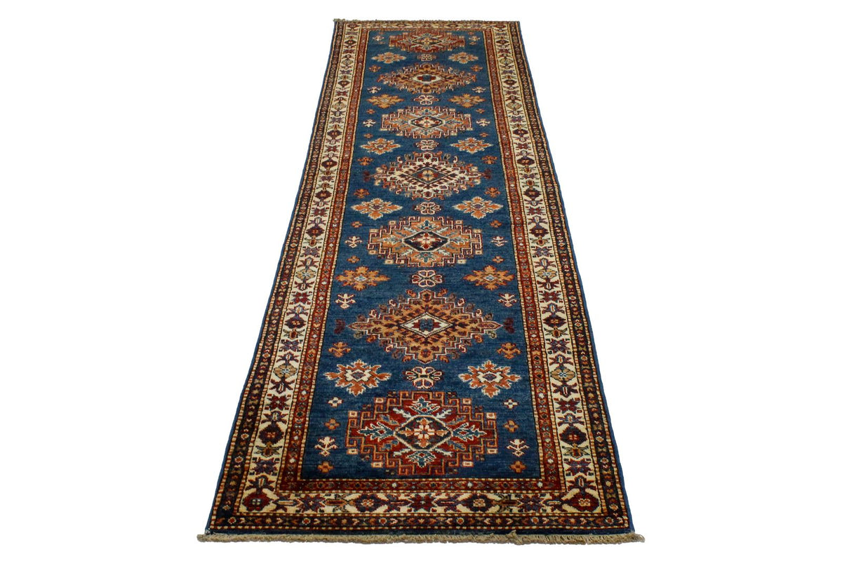 3x10 Light Blue and Ivory Kazak Tribal Runner