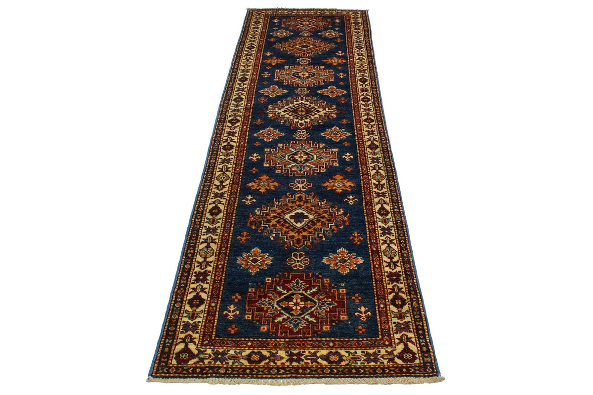 3x10 Light Blue and Ivory Kazak Tribal Runner
