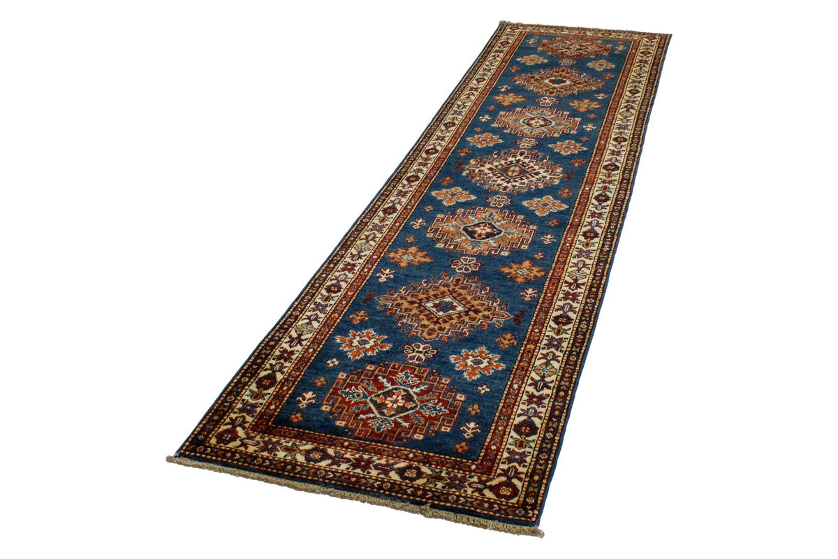 3x10 Light Blue and Ivory Kazak Tribal Runner