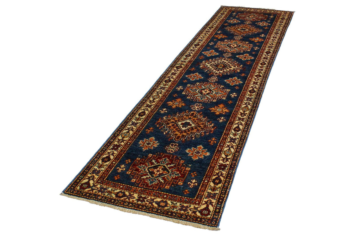 3x10 Light Blue and Ivory Kazak Tribal Runner