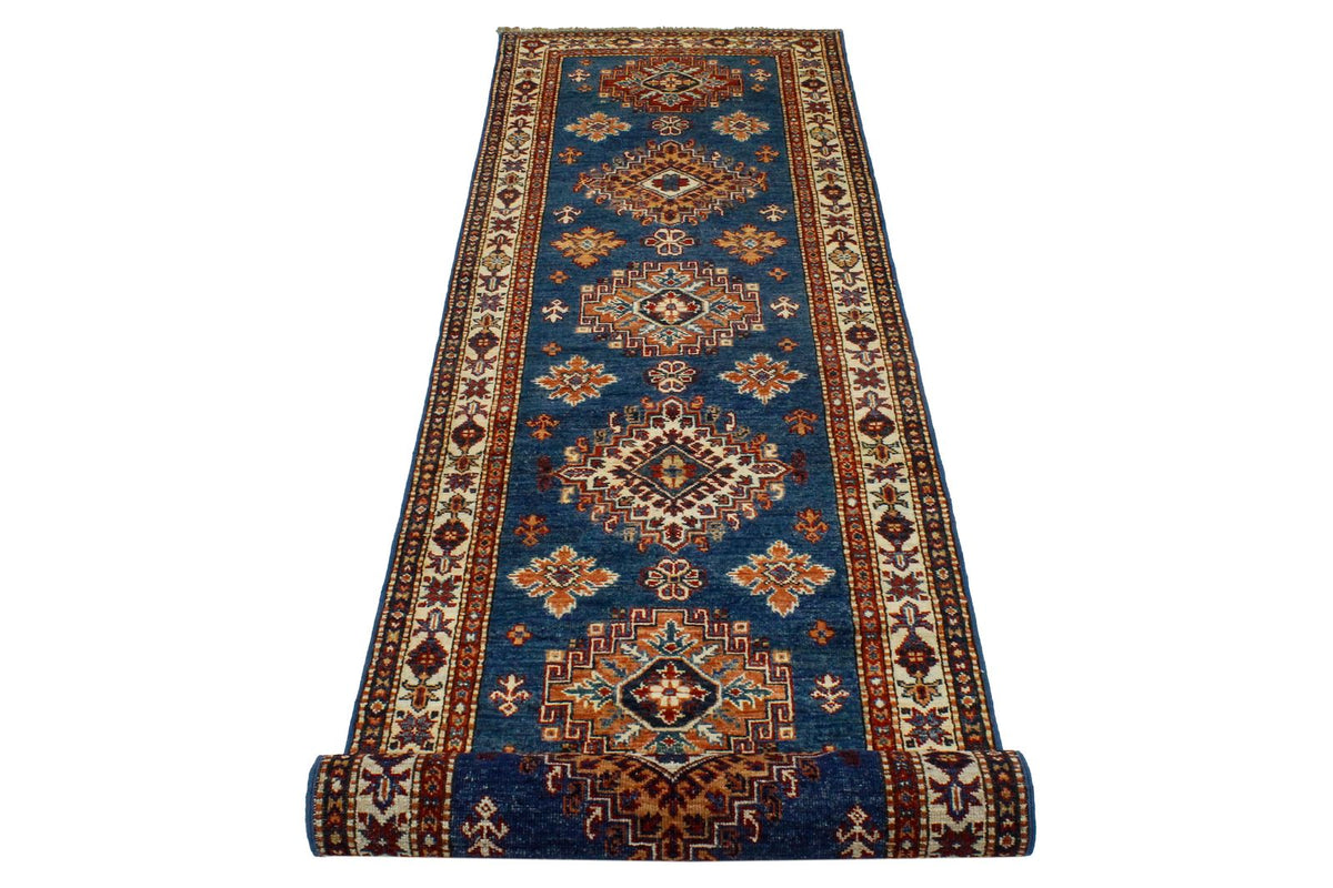 3x10 Light Blue and Ivory Kazak Tribal Runner