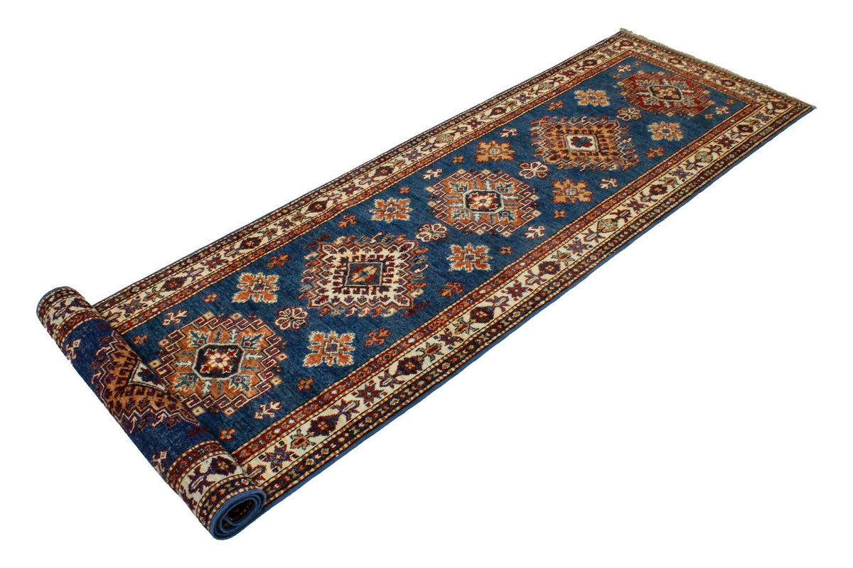 3x10 Light Blue and Ivory Kazak Tribal Runner