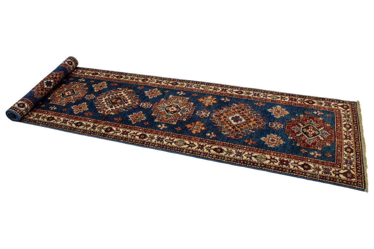 3x10 Light Blue and Ivory Kazak Tribal Runner