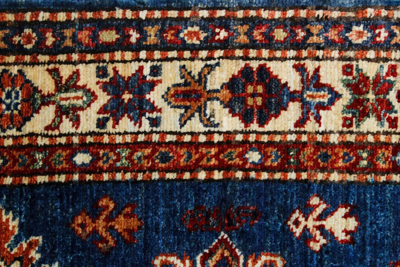 Vintage Handmade 3x9 Blue and Ivory Anatolian Caucasian Tribal Distressed Area Runner