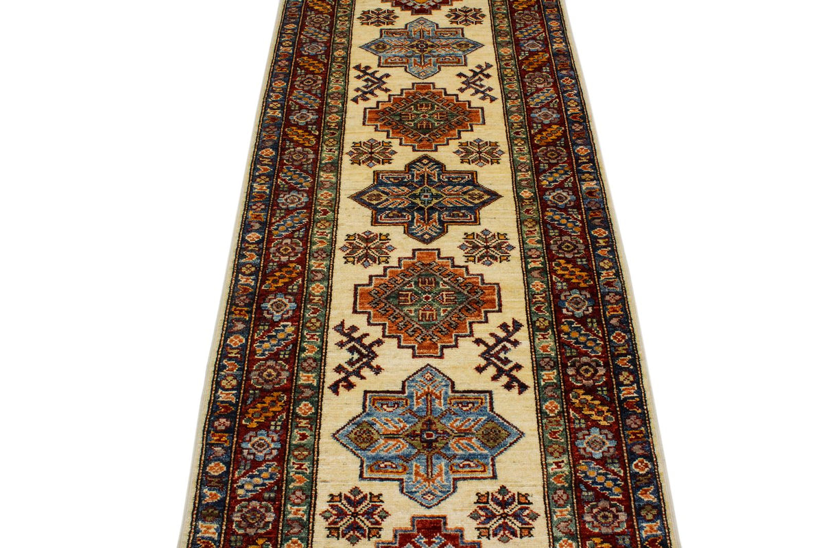3x8 Ivory and Red Kazak Tribal Runner