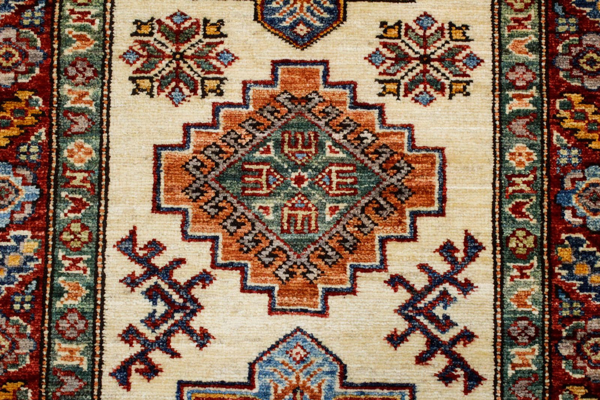3x8 Ivory and Red Kazak Tribal Runner