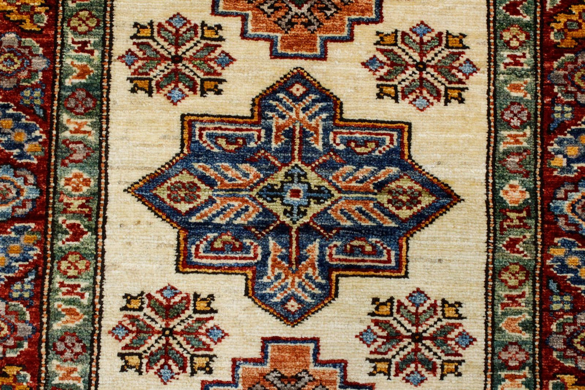 3x8 Ivory and Red Kazak Tribal Runner