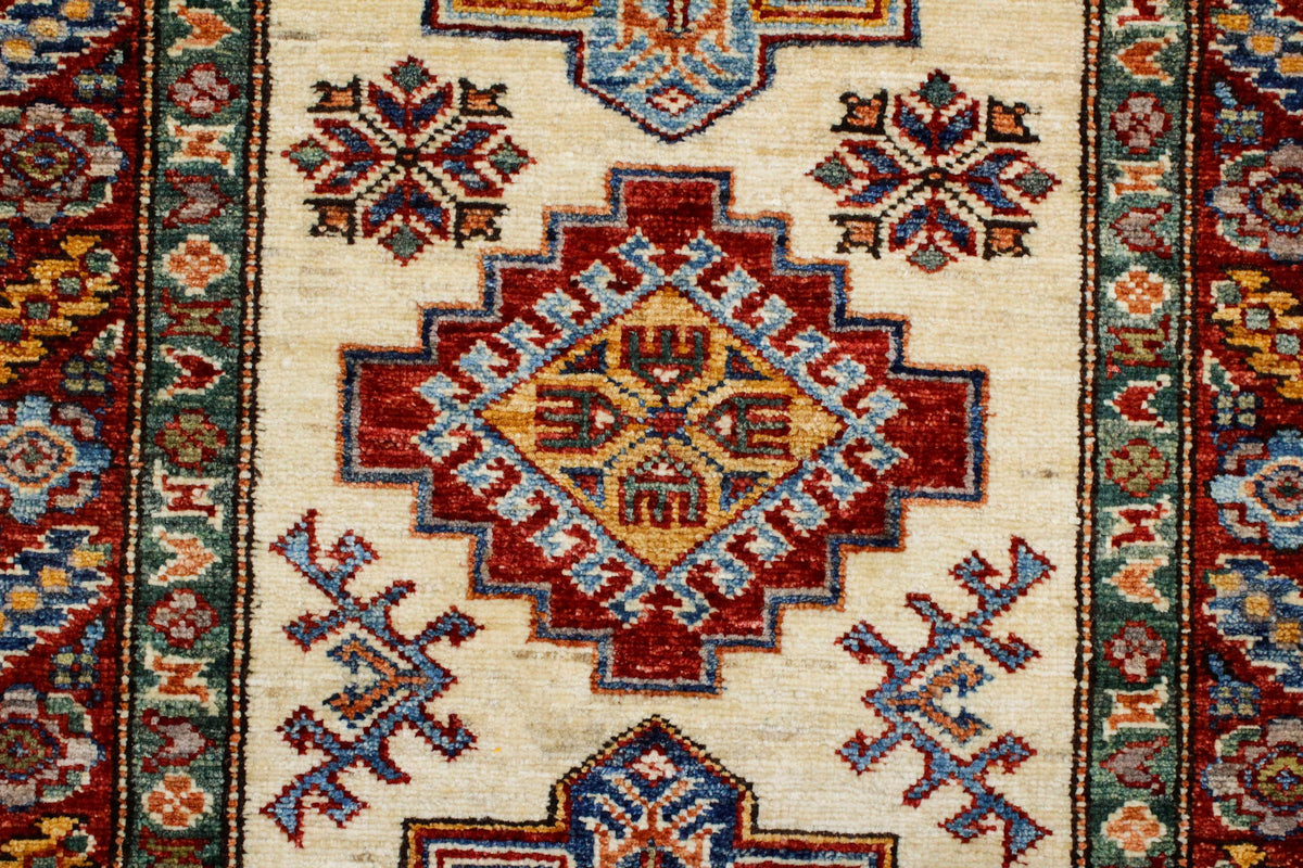 3x8 Ivory and Red Kazak Tribal Runner
