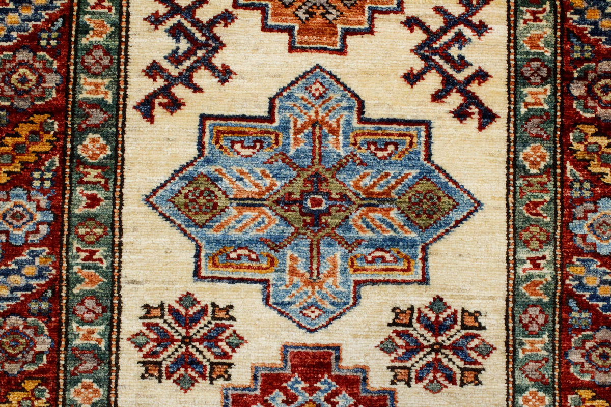 3x8 Ivory and Red Kazak Tribal Runner