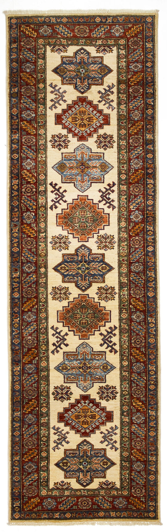 3x8 Ivory and Red Kazak Tribal Runner