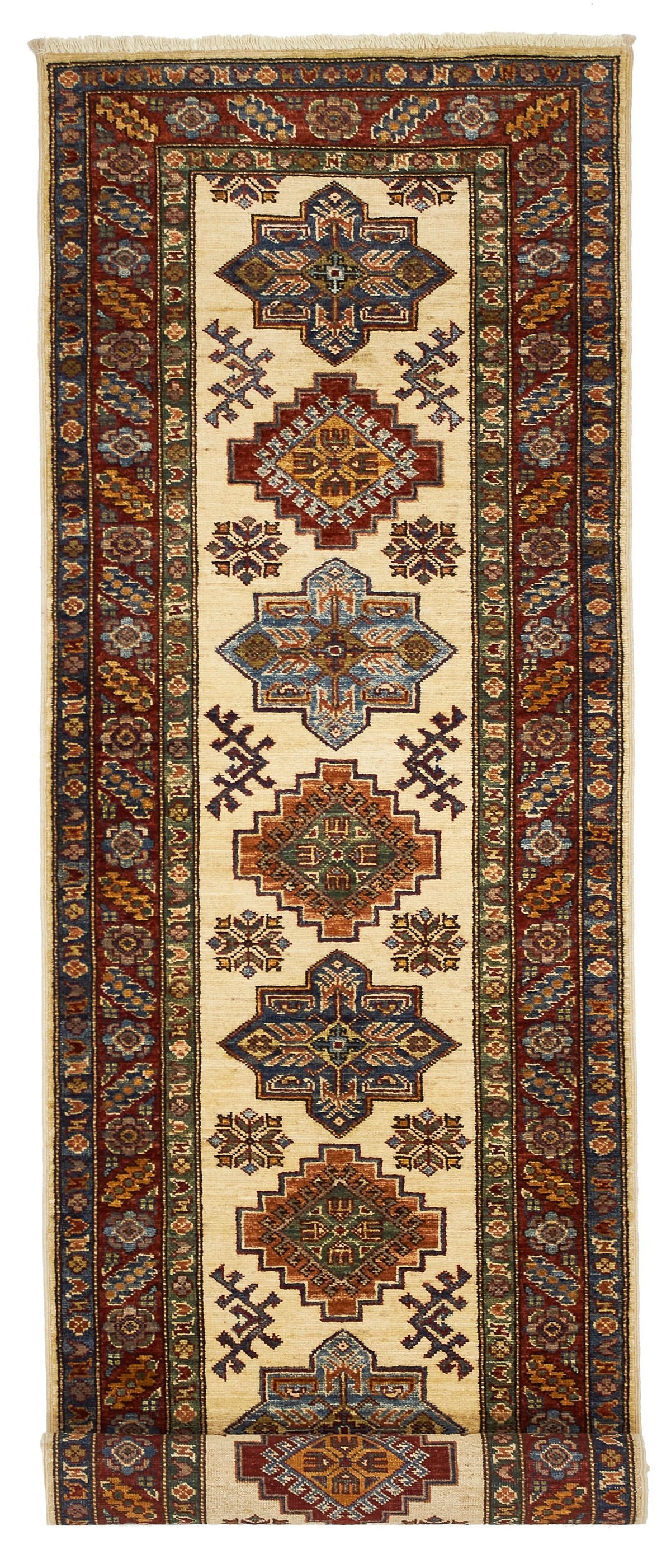 3x8 Ivory and Red Kazak Tribal Runner