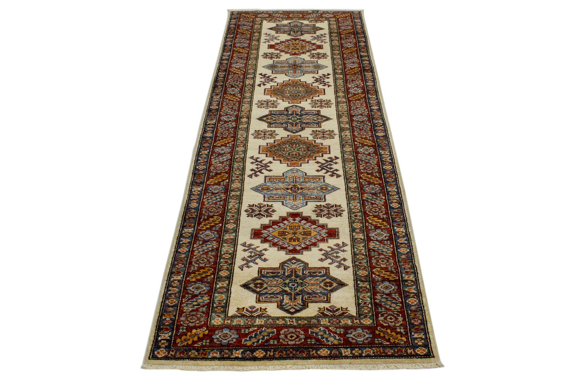 3x8 Ivory and Red Kazak Tribal Runner
