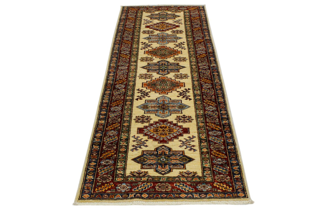 3x8 Ivory and Red Kazak Tribal Runner