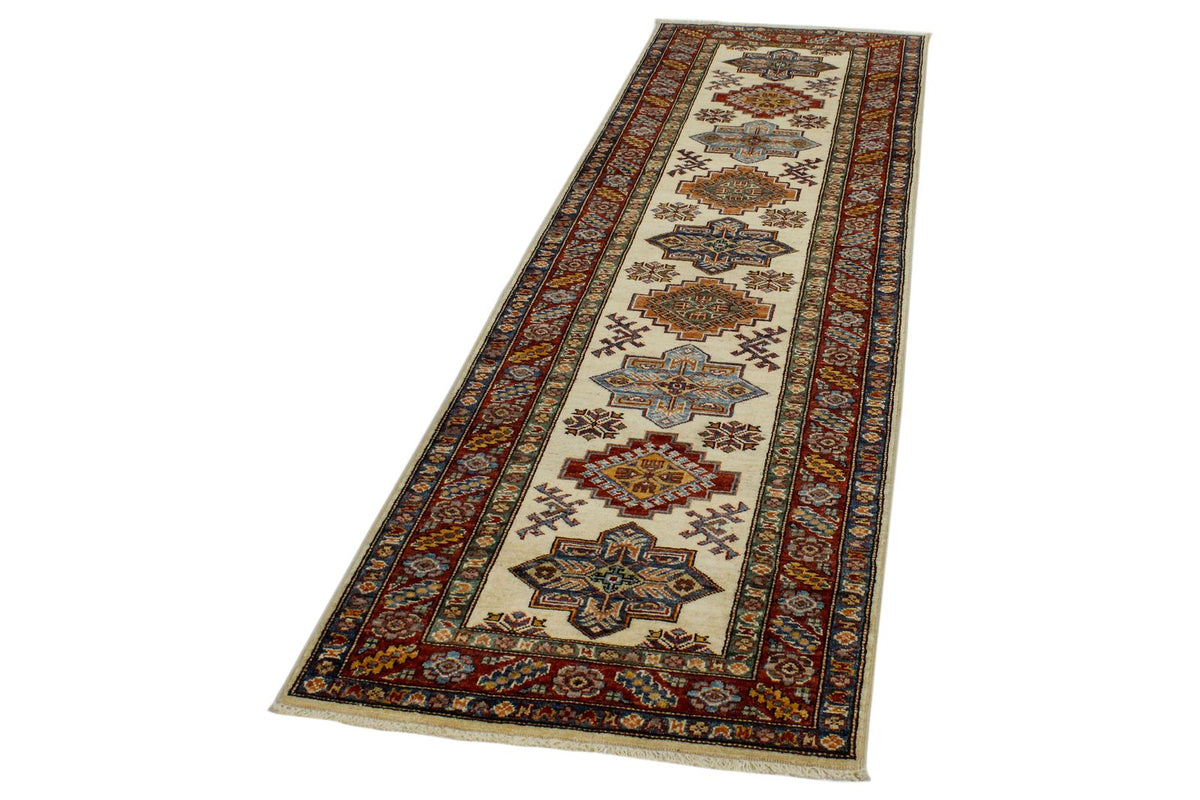 3x8 Ivory and Red Kazak Tribal Runner