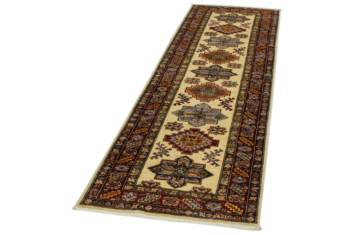 3x8 Ivory and Red Kazak Tribal Runner