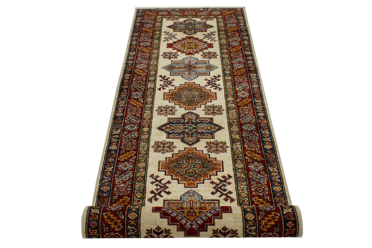 3x8 Ivory and Red Kazak Tribal Runner