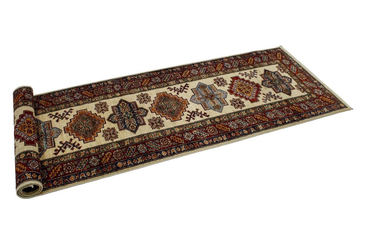 3x8 Ivory and Red Kazak Tribal Runner