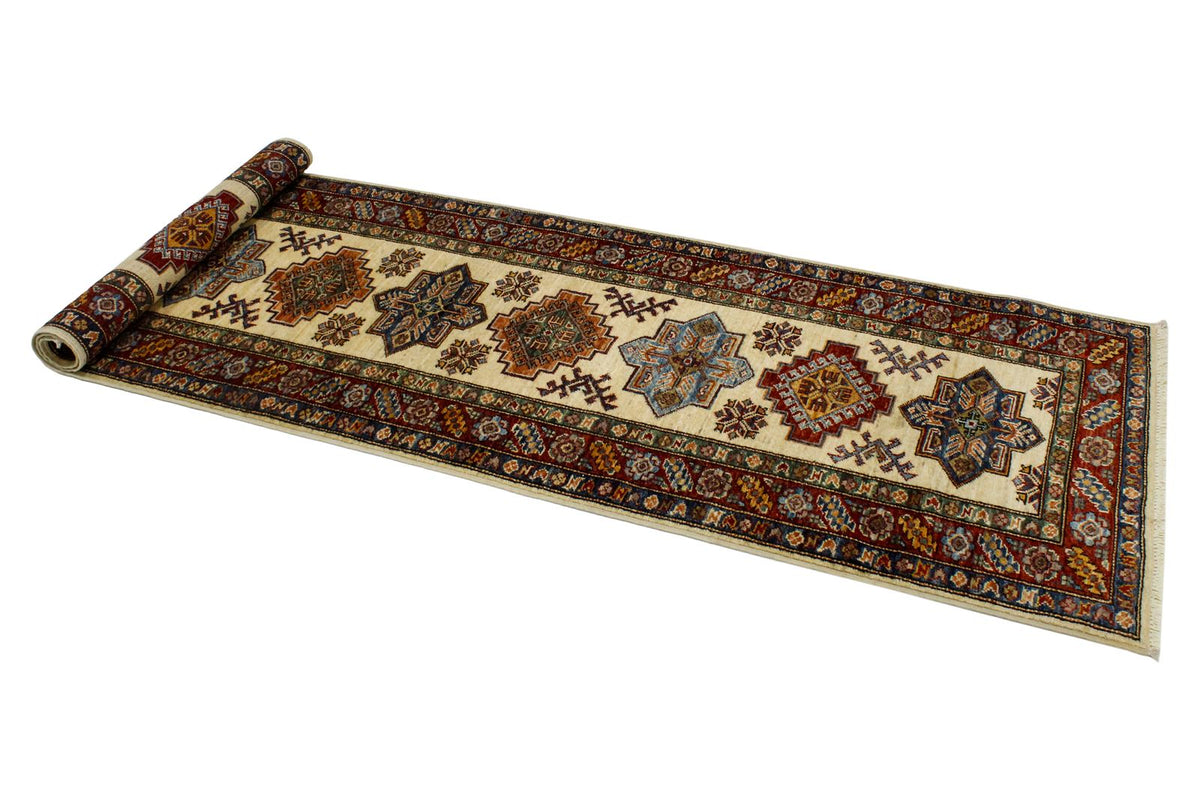 3x8 Ivory and Red Kazak Tribal Runner