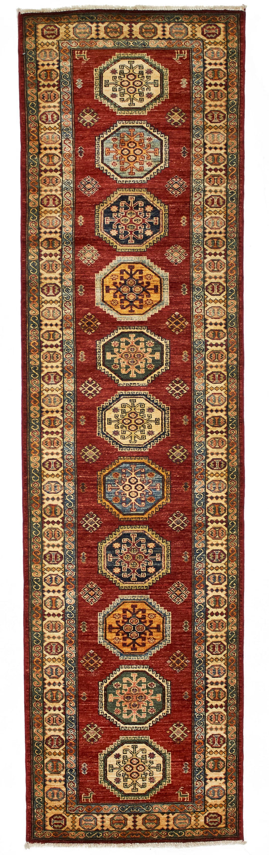 3x10 Red and Ivory Kazak Tribal Runner