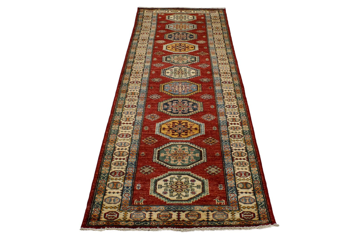 3x10 Red and Ivory Kazak Tribal Runner