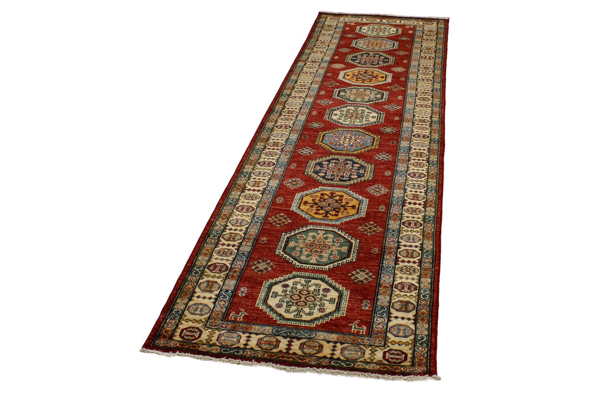 3x10 Red and Ivory Kazak Tribal Runner