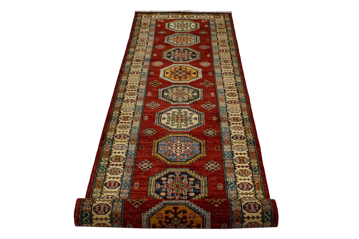 3x10 Red and Ivory Kazak Tribal Runner