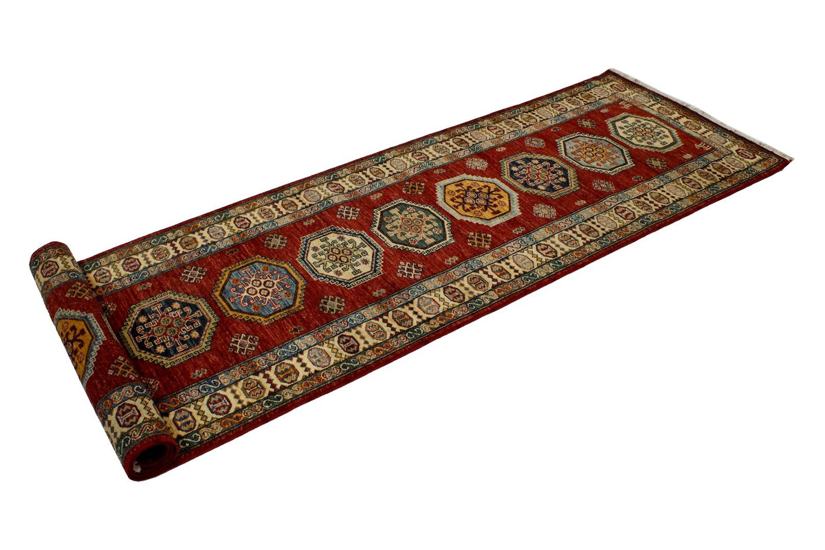 3x10 Red and Ivory Kazak Tribal Runner