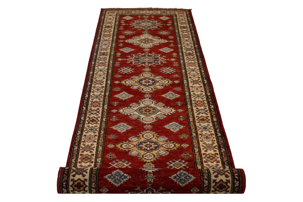 3x10 Red and Ivory Kazak Tribal Runner
